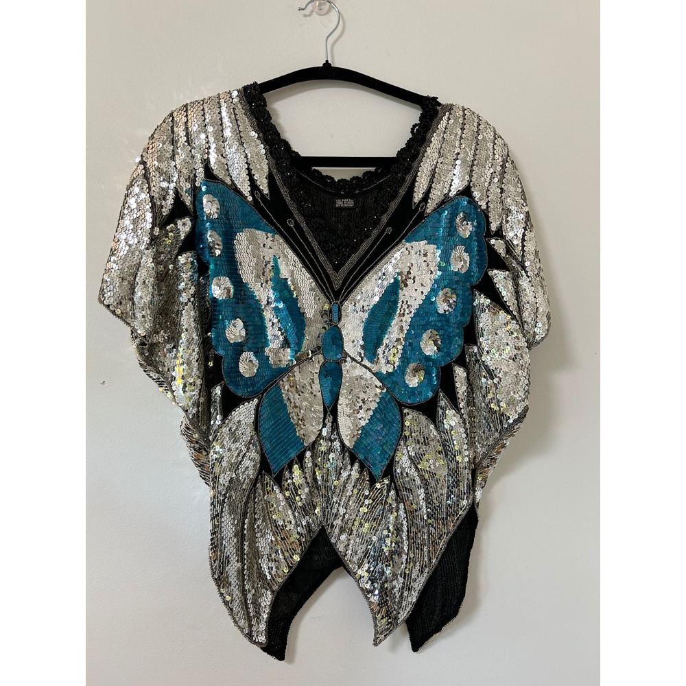 Vintage 1970's Sequin Butterfly V-Neck Top in Silver and Turquoise OS Y2K Silk
